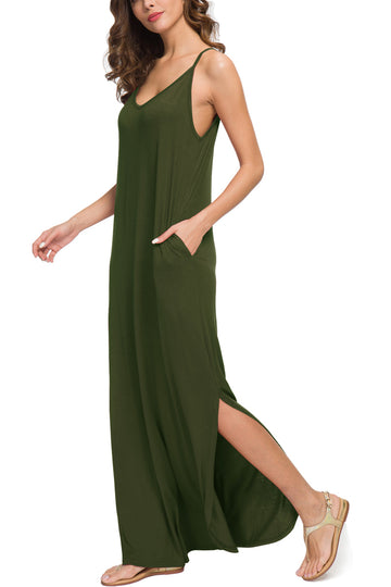 Summer Casual Loose Dress Beach Cover Up Long Cami Maxi Dresses with Pocket Army Green GC8031-Wine Red